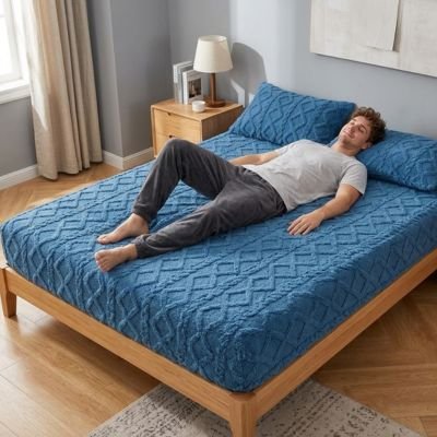 homme relaxant sur  housse de matelas bleu