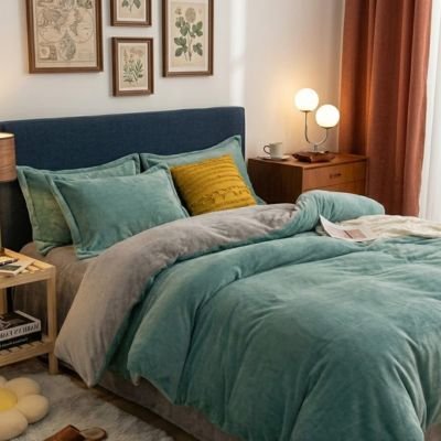 housse de couette flanelle verte sur lit