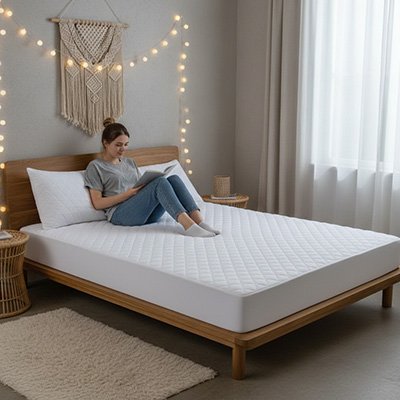 jeune femme assise sur protège matelas