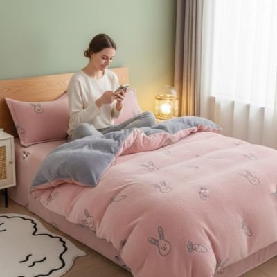 jeune femme avec cellulaire sous housse de couette enfant