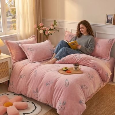 jeune femme avec livre sur housse de couette enfant
