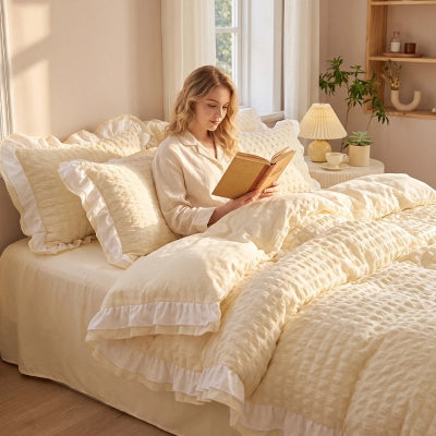jeune femme lisant sous parure de lit 240x260 jaune