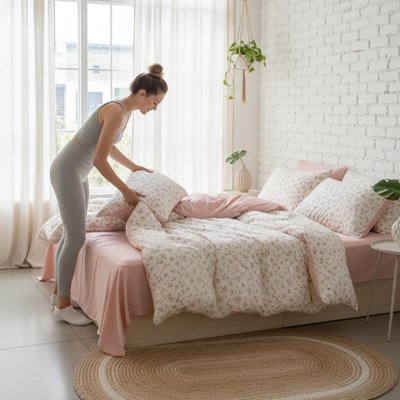 jeune femme plaçant housse de couette en coton sur lit
