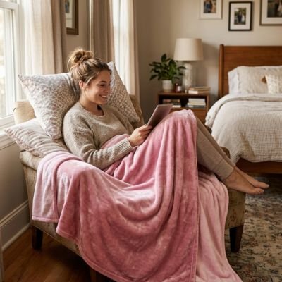 jeune femme relaxant dans fauteuil avec plaid