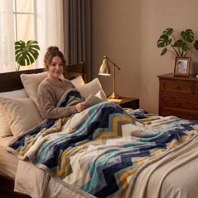 jeune femme souriante sous couverture polaire