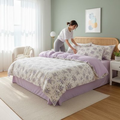 jeune fille placant ses oreillers et sa housse de couette