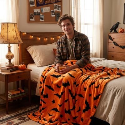 jeune homme assis avec plaid orange sur genoux