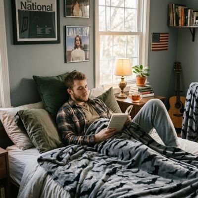 jeune homme étudiant avec plaid gris