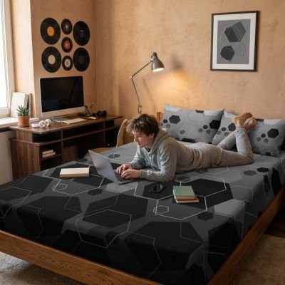 jeune homme travaillant avec portable sur drap housse
