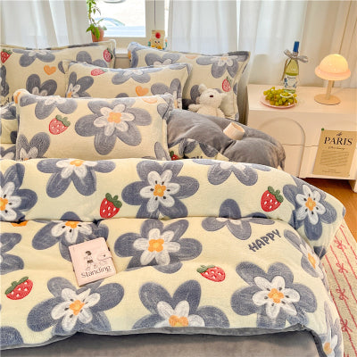 lit avec housse de couette flanelle fleur fraise grise