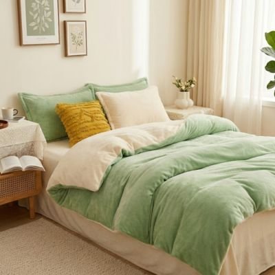 lit avec housse de couette flanelle verte