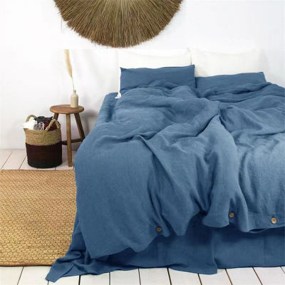lit avec housse de couette lin bleu