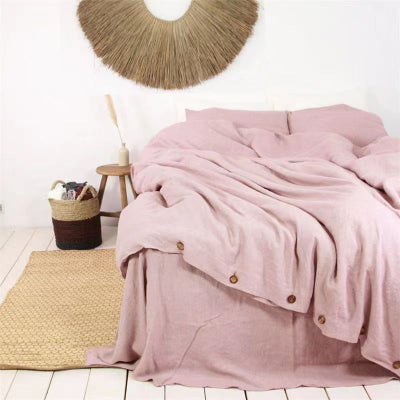 lit avec housse de couette lin rose