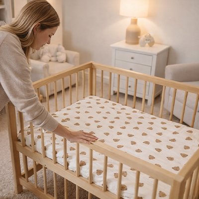 maman admirant drap housse bebe ours
