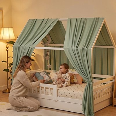 maman avec bébé sous ciel de lit cabane vert