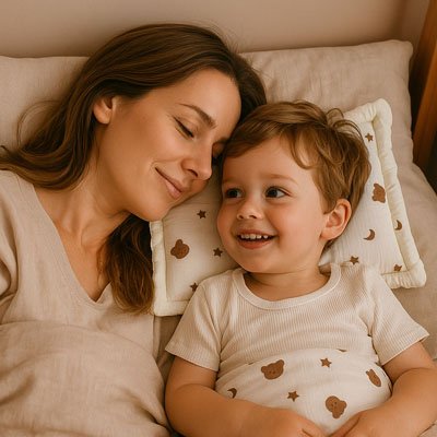 maman et fiston étendu avec oreiller bebe