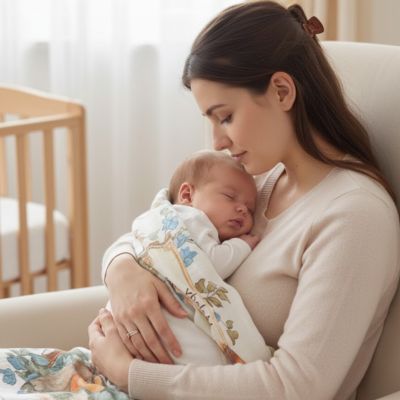 maman serrant bébé contre elle emmaillotté dans couverture emmaillotage bébé