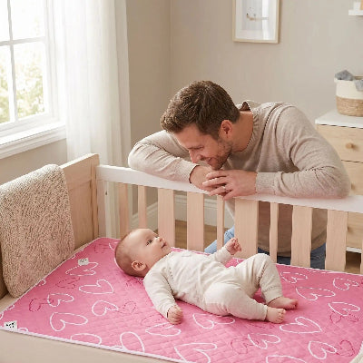 papa admirant son bébé couché sur protection matelas