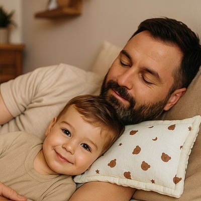 papa avec fiston étendu avec oreiller bebe