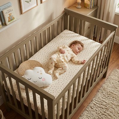 poupon faisant sieste sur drap housse bebe
