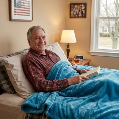 vieil homme dans son lit recouvert avec plaid