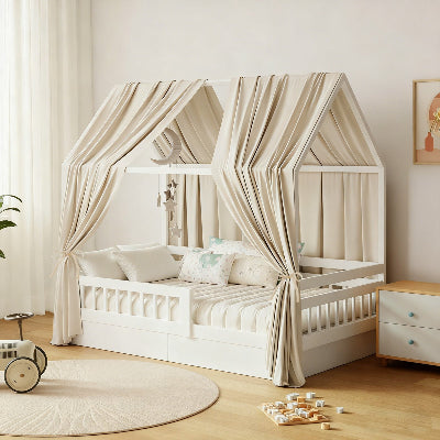 vue ciel de lit cabane beige