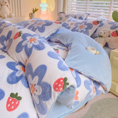 vue housse de couette flanelle fleur fraise bleue