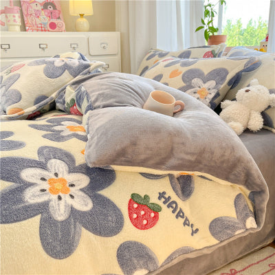 vue housse de couette flanelle fleur fraise grise