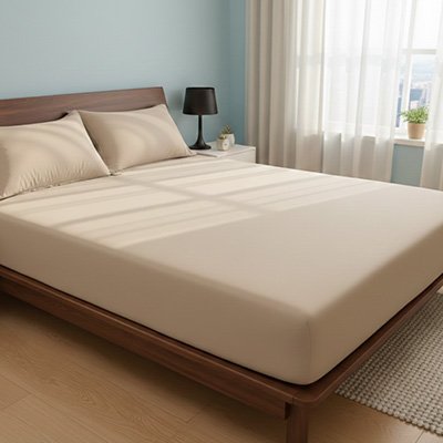 vue lit avec drap housse beige